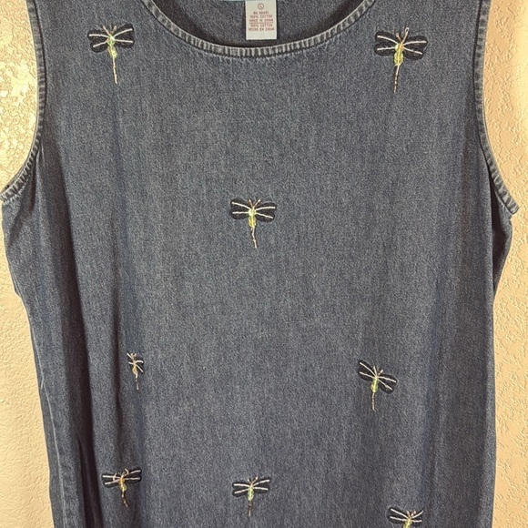 Jane Ashley Denim Embroidered Dragon Flies Sequin Beaded Dress Size Large - Picture 2 of 8